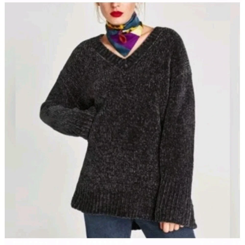 Zara Chenille Oversized V-Neck Sweater Womens M Charcoal Gray Grunge Preppy Soft